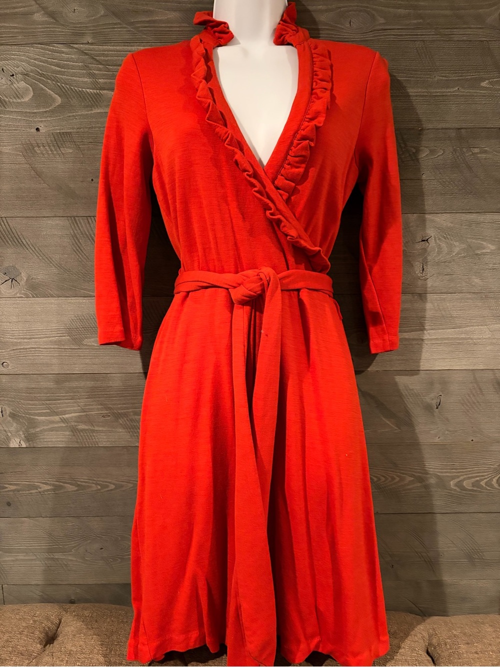 Women's Orange Ruffle-Trim Wrap Midi Dress